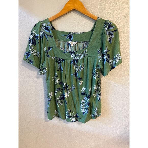 Lucky Brand Tops - Lucky Brand Green Floral Short Sleeve Square Neck Blouse Med